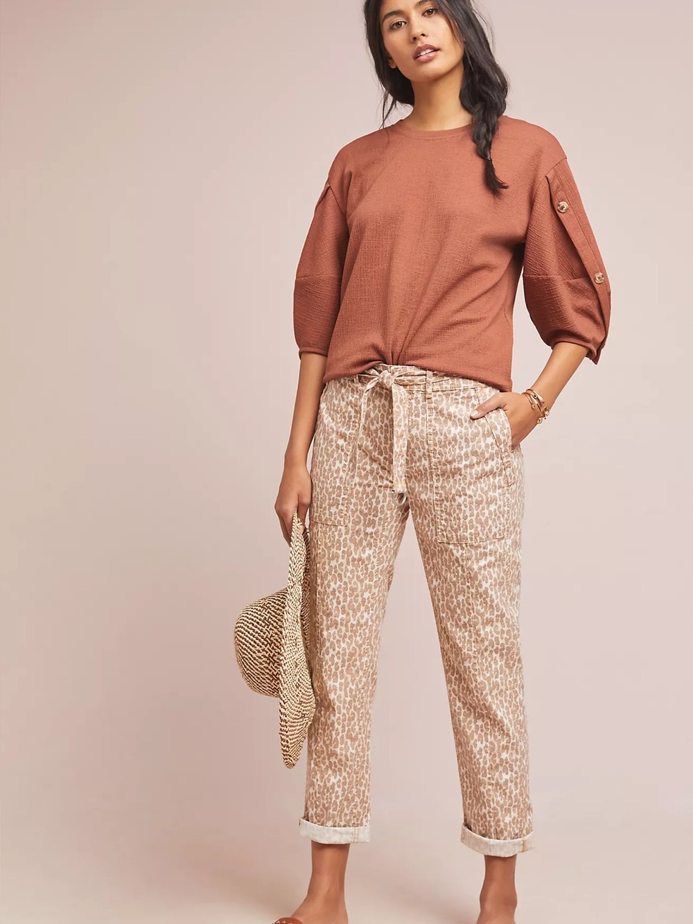 Anthropologie Wanderer Utility Tie-Waist Printed Crop Pants in Tan Leopard - 28